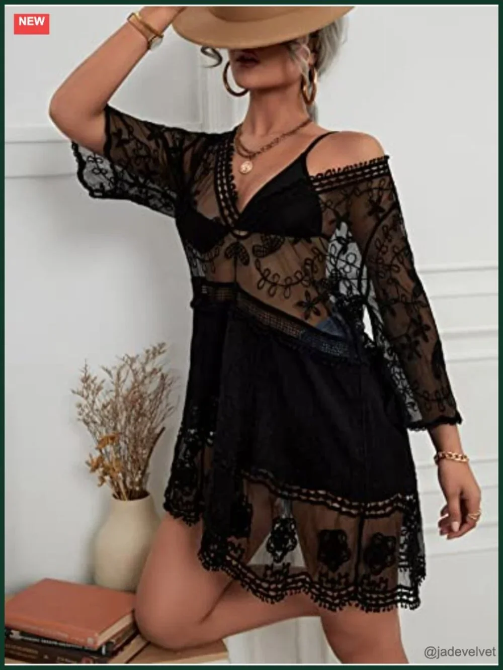 Women's Contrast Lace V-Neck Swimsuit Cover Up Beach Dress Loose Fit 3/4 Sleeve